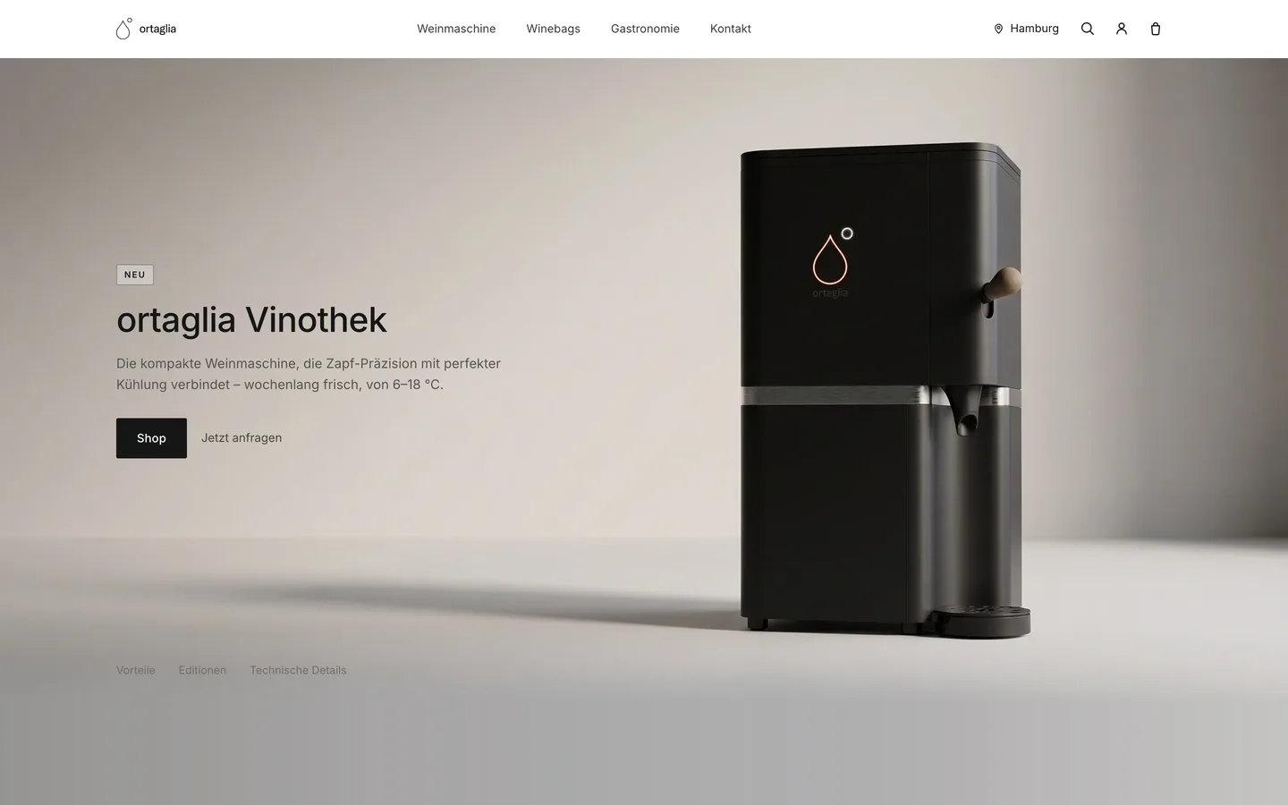 ortaglia website — a premium product site for a compact wine-dispensing machine
