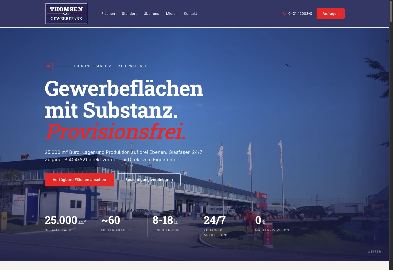 Thomsen Gewerbepark website — a direct-from-owner commercial real-estate park in Kiel-Wellsee
