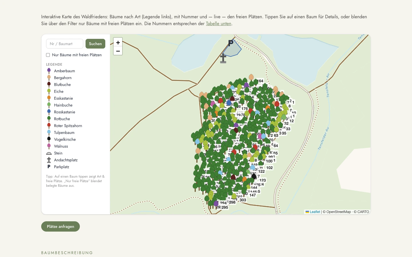 Öffentliche Kartenansicht von waldfrieden-ploenersee.de — Besucher suchen Bäume und freie Plätze